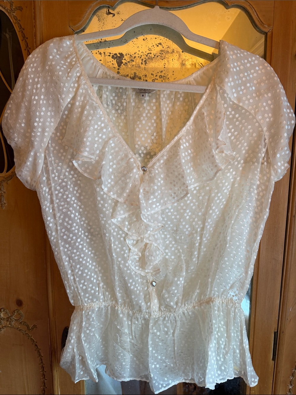Ruffled Polka Dot Sheer Blouse - Cream